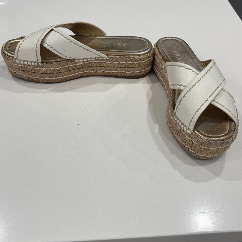 Prada White Criss Cross Platfirm Slides Size 38 1/2 Gold Sole